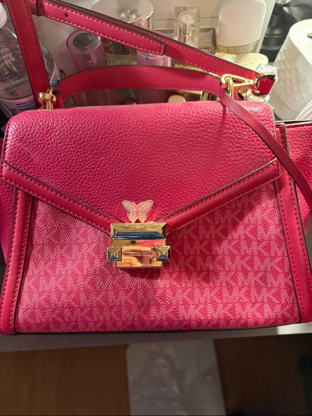 Michael Kors Hot Pink Signature Satchel with Gold Hardware